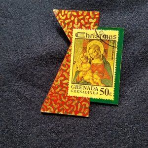 Holiday Jewelry - Grenada 1975 Christmas Stamp Brooch